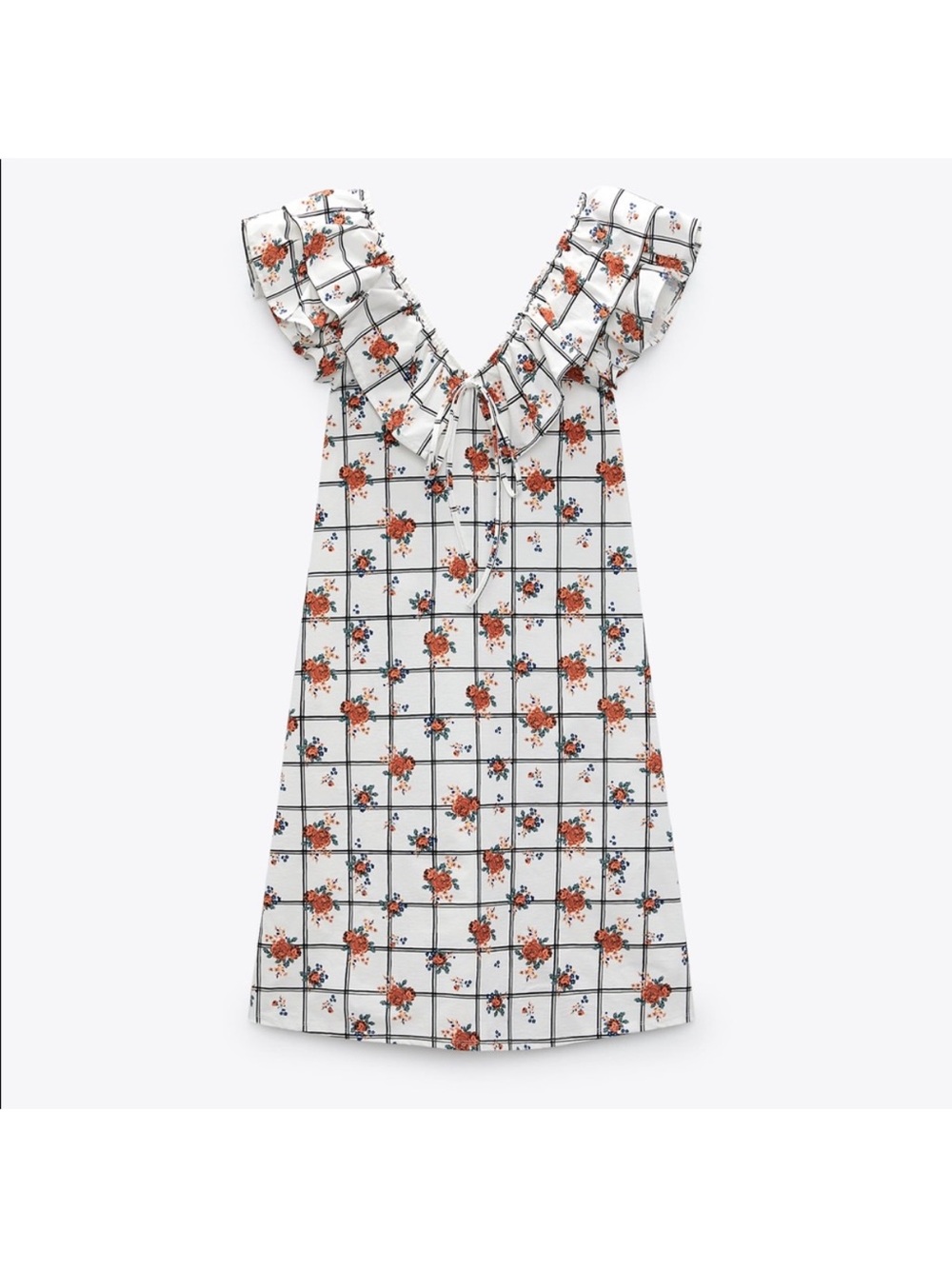 Zara White Floral Grid Ruffle Sleeve Midi Dress Large - Picture 5 of 12